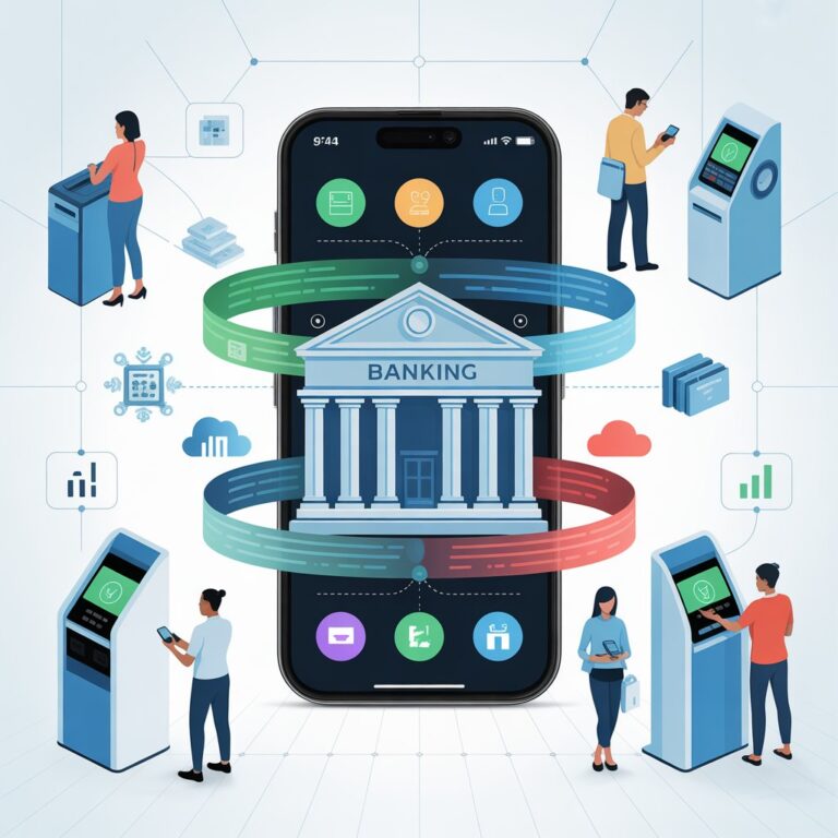 Illustration of digital banking transformation showing a smartphone connected to cloud systems, data analytics, and users interacting through ATMs and fintech apps, symbolizing automation and embedded finance.