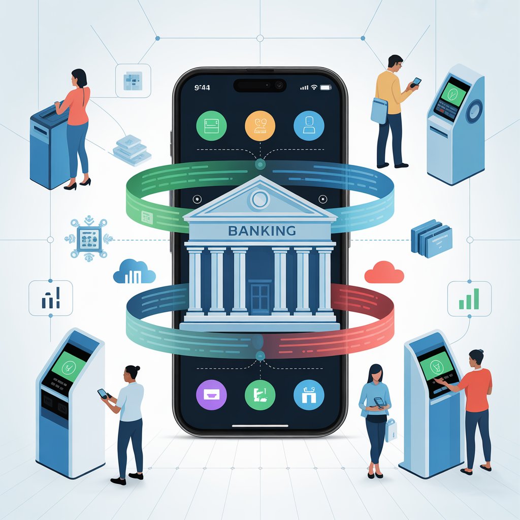 Illustration of digital banking transformation showing a smartphone connected to cloud systems, data analytics, and users interacting through ATMs and fintech apps, symbolizing automation and embedded finance.