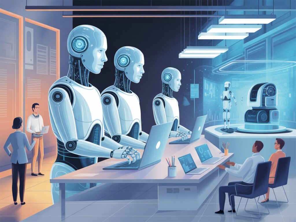 Illustration of humanoid AI robots working alongside human employees in a modern office, performing tasks on laptops and collaborating on digital workflows, symbolizing AI agents, automation, and the future of work