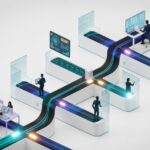 Automated digital workflows with AI-powered data pipelines and professionals interacting with interconnected dashboards, representing workflow automation, enterprise AI systems, and the future of digital operations