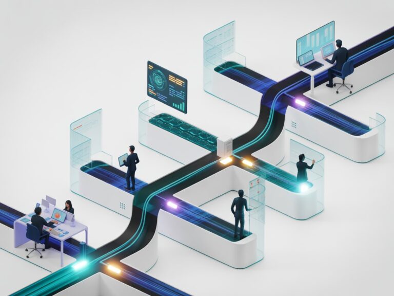 Automated digital workflows with AI-powered data pipelines and professionals interacting with interconnected dashboards, representing workflow automation, enterprise AI systems, and the future of digital operations