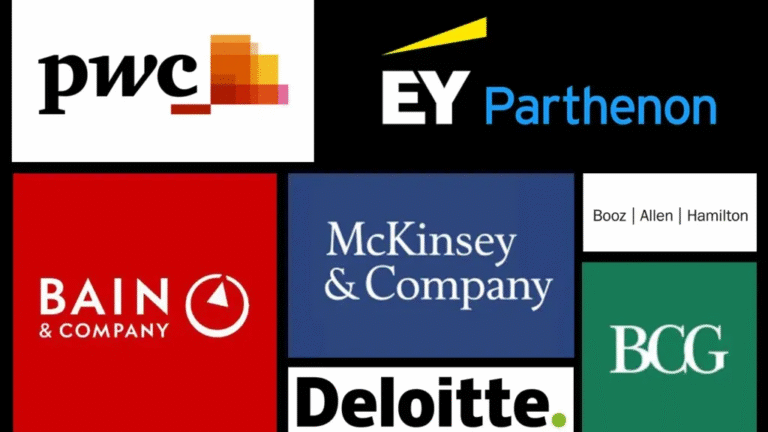 Collage of major global consulting firm logos, including PwC, EY Parthenon, Bain & Company, McKinsey & Company, Booz Allen Hamilton, Boston Consulting Group (BCG), and Deloitte. The image highlights leading strategy consulting firms.
