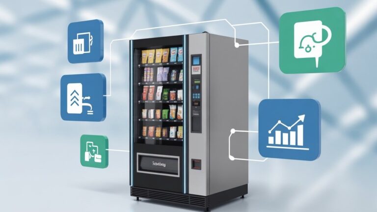 Smart vending machine filled with snacks, surrounded by digital icons representing data analytics, inventory automation, remote monitoring, and operational efficiency. Illustrates how connected vending technology improves performance and management.