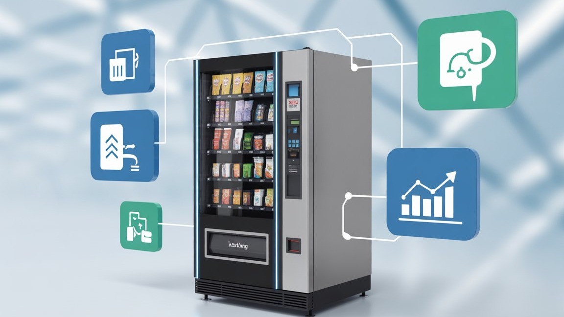 Smart vending machine filled with snacks, surrounded by digital icons representing data analytics, inventory automation, remote monitoring, and operational efficiency. Illustrates how connected vending technology improves performance and management.